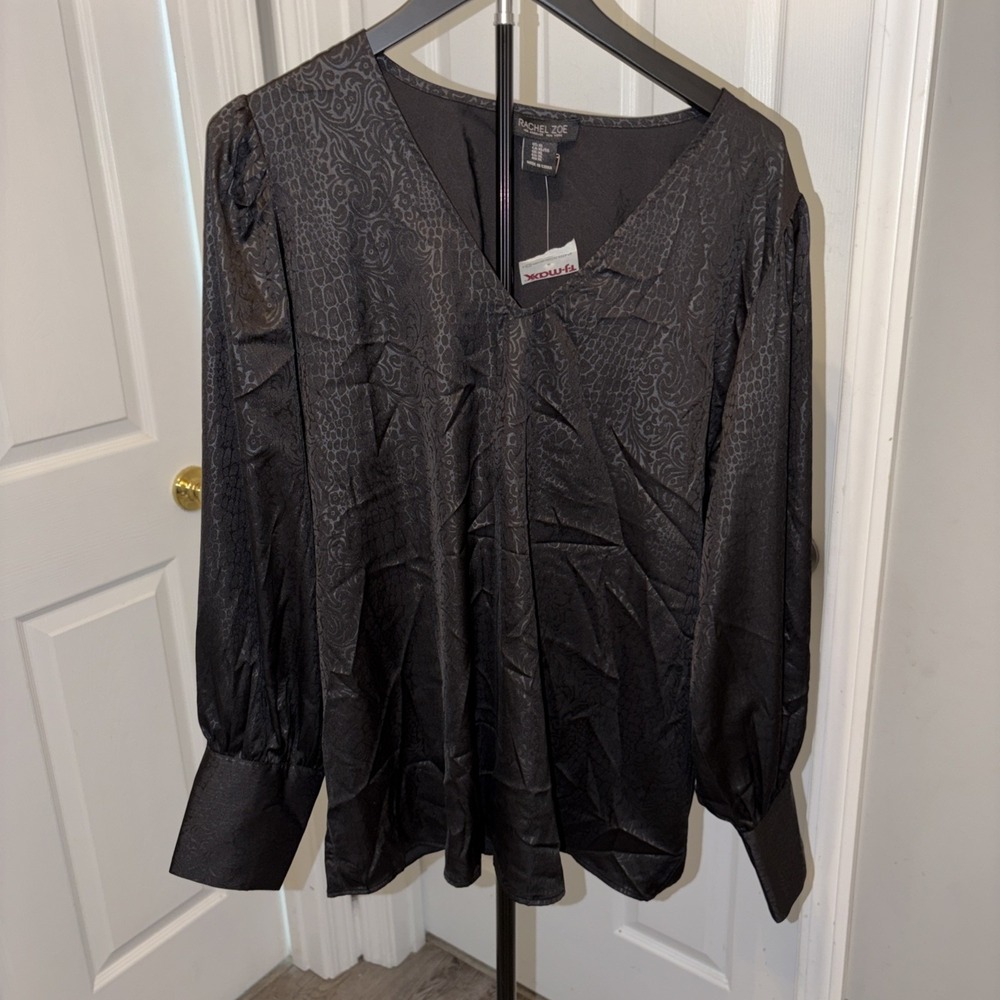Rachel‎ Zoe Black Satin Blouse V-Neck Long Sleeve XL